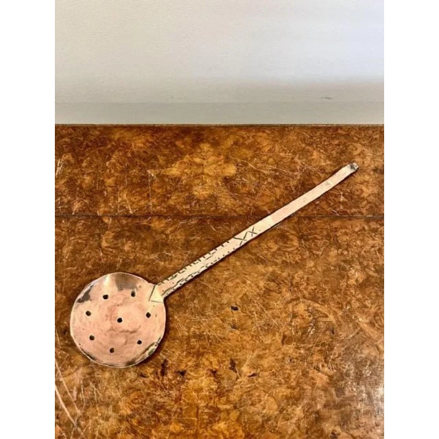 Large antique George III quality copper pan with shaped handles to both sides and a antique copper skimmer D. 1820