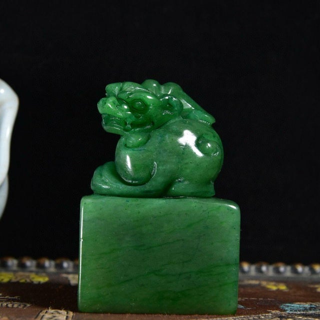 Chinese Shoushan Green Stone Seal, Carved Ancient Beast Chop, Chinese Scholar Stone Stamp With Gilded Inscription For Sale - Image 3 of 9