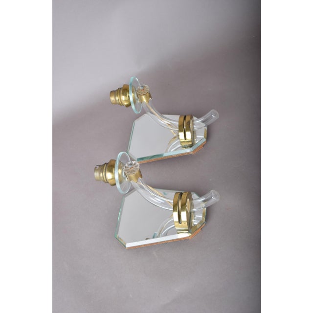 Art Deco French Mirrored Glass and Brass Wall Sconces, 1940s, Set of 2 For Sale - Image 16 of 17