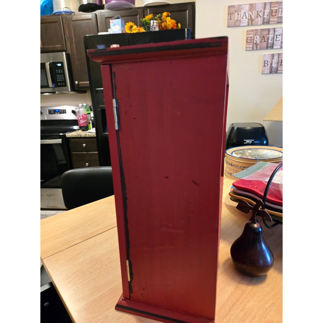 1940s Distressed Red Vintage Cabinet With Metal Design Doors For Sale - Image 5 of 8