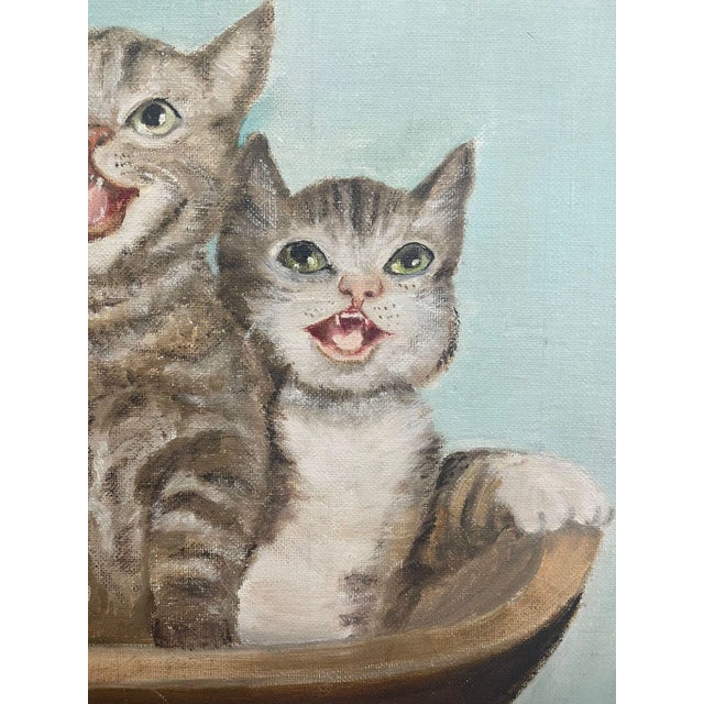 Vintage Signed Original Painting of Kittens in a Basket. For Sale - Image 4 of 9