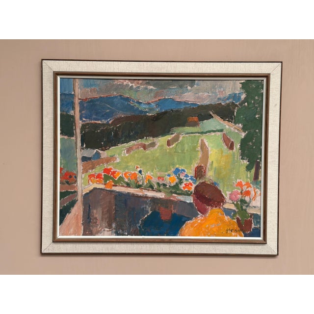 Original Swedish Oil on Panel – “Balcony View” by John Hedman – Landscape Motif – Framed 65 × 80 cm (25.6" × 31.5") A calm...
