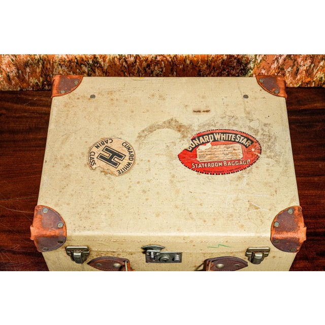 English Decorative 1930s Travel Trunk Luggage Suitcase Antique Leather Canvas Travel Home Decor Storage For Sale - Image 3 of 15