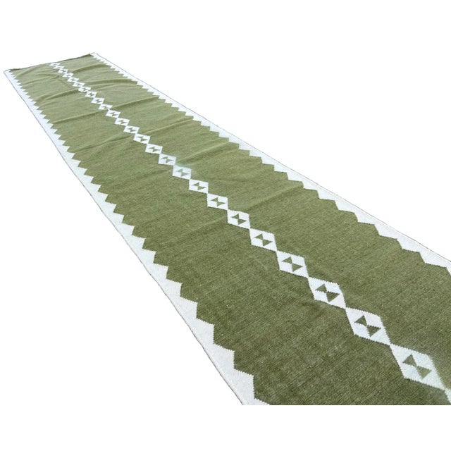 Textile Handmade New Zealand Wool Dhurrie Runner, Olive Green and Cream Geometric Runner Rug- 3'x16' For Sale - Image 7 of 13