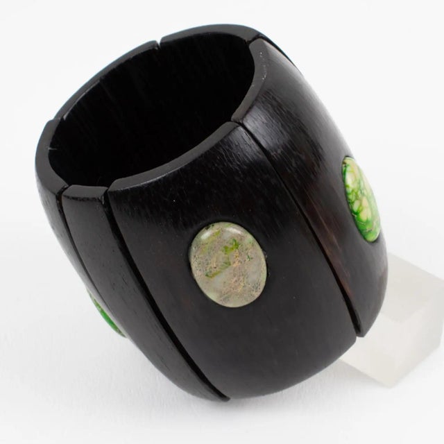 Monies Massive Ebony Wood and Stone Cabochons Stretch Bracelet Bangle For Sale - Image 10 of 15