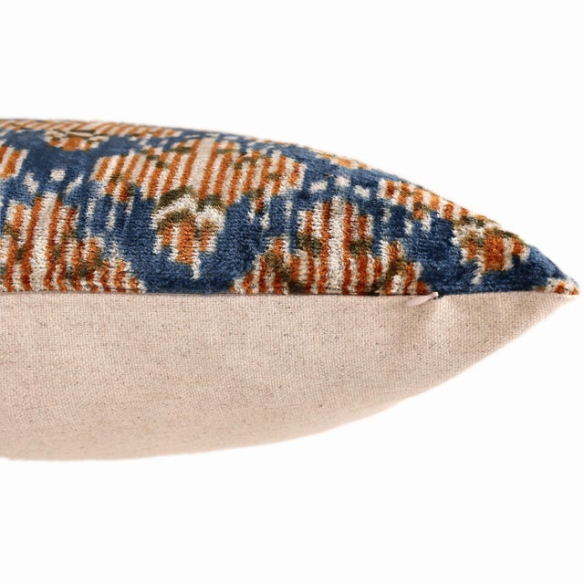 Blue Ikat Silk Velvet Pillow 20x20 | Handmade Designer Accent Cushion For Sale In San Francisco - Image 6 of 7