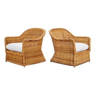 Pair of Organic Modern Rattan Wicker Lounge Armchairs For Sale