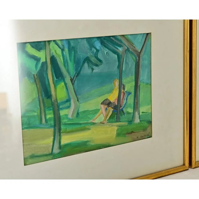 Modern French Pair of Vintage Watercolor Paintings in Gilt Frames For Sale - Image 3 of 8