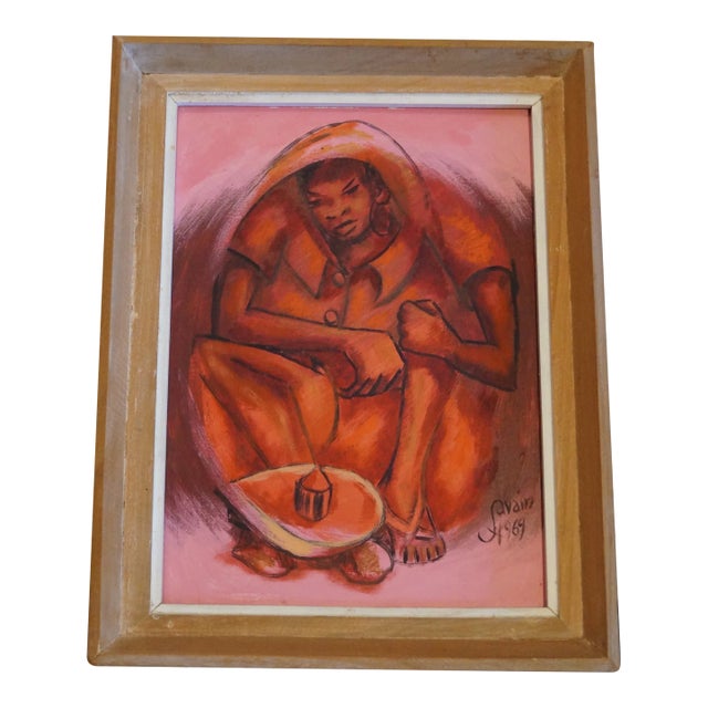 1960s Petion Savain Signed Haitian Pink Figural Painting, Framed For Sale