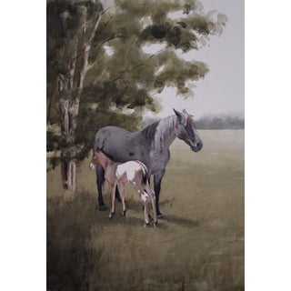 The Gift by Mo Myra | Watercolor on paper of a horse and foal in a grassy landscape For Sale
