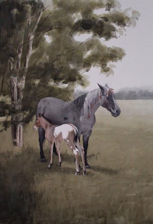 The Gift by Mo Myra | Watercolor on paper of a horse and foal in a grassy landscape