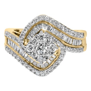 14K Yellow Gold 1.0 Cttw Baguette & Brilliant-Cut Diamond Round Floral Cluster Engagement Ring with Swirl Wrapped Triple Row Band - Size 6-3/4 For Sale