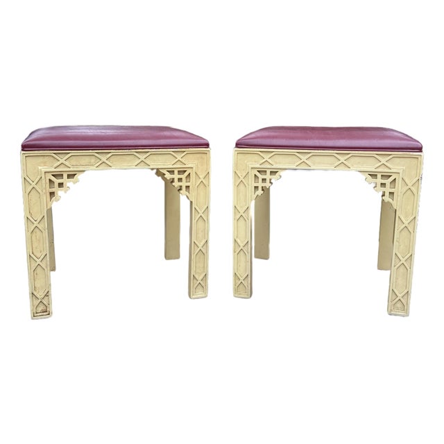 Mid Twentieth Century Carved Wood Chinese Chippendale Laquered Benches / Stools, a Pair For Sale