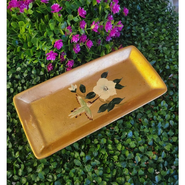 Chinoiserie Vintage Baum Brothers Gold Leaf Chinoiserie Bird Floral Trinket Catchall Tray For Sale - Image 3 of 5