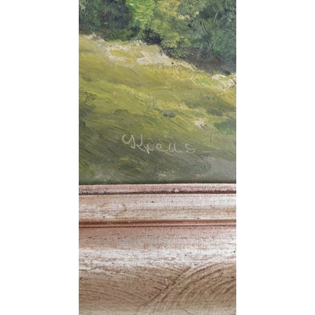 Blue Vintage Mountain Lake Boat Painting Artist Signed For Sale - Image 8 of 10