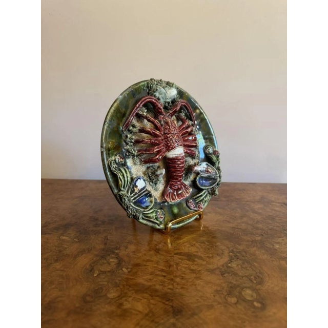 Antique Portuguese Majolica Palsy Ware Lobster Wall Plate, 1940 For Sale - Image 3 of 6