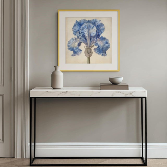 A striking botanical study featuring the elegant blooms of a magnificent blue iris, faithfully reproduced from an original...