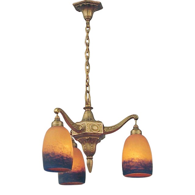 3-Light Antique French Hanging Chandelier, Patinated Gold, Signed Art Glass Shades Rethondes For Sale