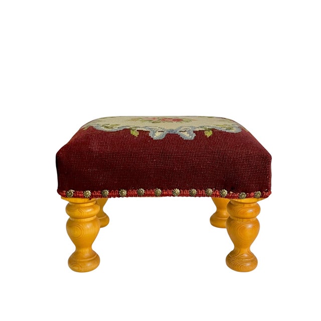 Cabin Vintage Burgundy Floral Needlepoint Footstool With Turned Pine Legs For Sale - Image 3 of 13