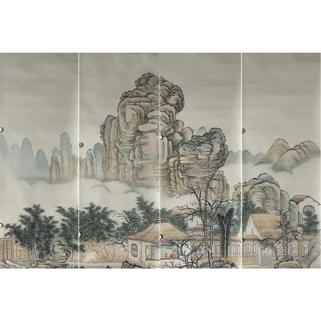 Art Deco Mountain Mural Hand Painted Wallpaper - 4 Panels For Sale - Image 3 of 3