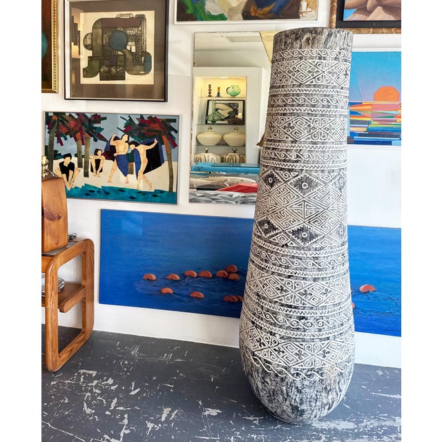 Organic Coastal Carved Palm Tree Trunk Pedestal Planter Offered for sale is a huge carved wooden palm tree trunk with...