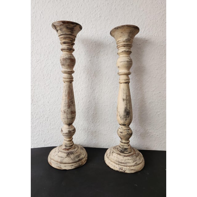 Pair of tall antique candlesticks/candle holders for pillar candles, made entirely of solid wood, hand-carved and hand-...