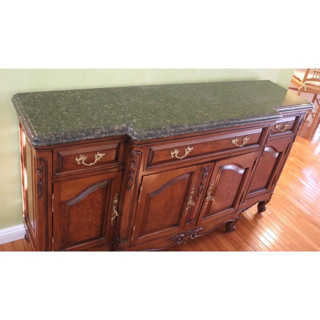 French Late 20th Century Bau Furniture French Louis XV Style Burl Wood & Marble Top Buffet Server For Sale - Image 3 of 16