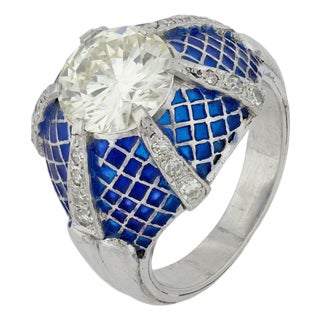 1960s Mid Century Gia 3.21 Carat Round Brilliant Cut Diamond Platinum Enamel Ring, Size 8 For Sale