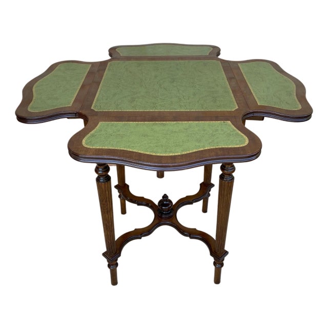Mid 20th Century Game Table in Walnut with Green Leather For Sale
