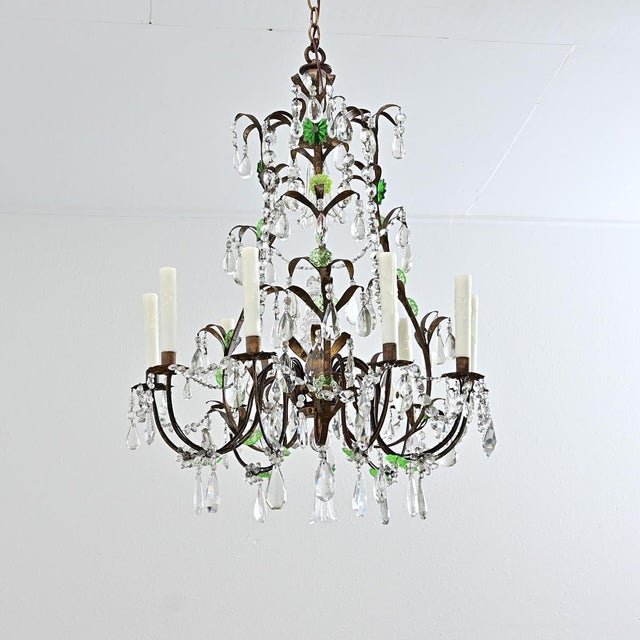 French Late 19th Century French Brass Chandelier with Clear & Green Crystals For Sale - Image 3 of 17