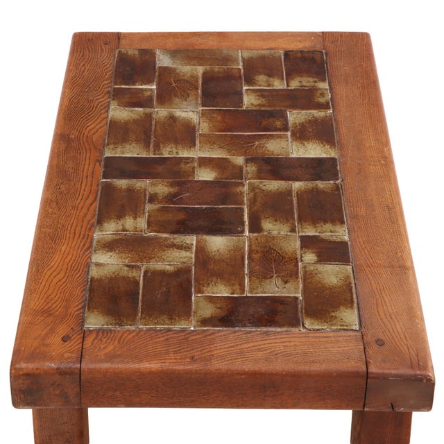 Brutalist French Oak Brutalist Tile-Top Coffee Table, C. 1965. For Sale - Image 3 of 4