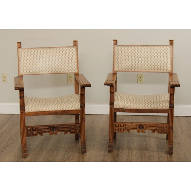 High Quality Antique Solid Walnut Pair Armchairs, Later Upholstery