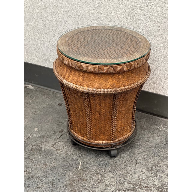 Woven Rattan Drum Side Table + Glass Top, Vintage For Sale - Image 11 of 12