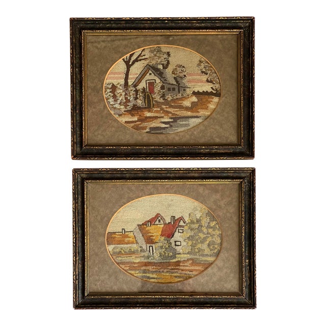 Set of 2 Antique Mini French Petit Point Needlework Framed Art - Cottages For Sale