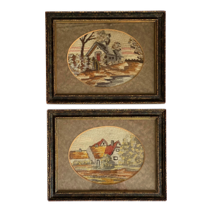 Set of 2 Antique Mini French Petit Point Needlework Framed Art - Cottages
