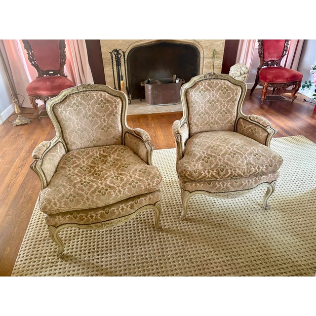 Louis XVI Style Distressed Cream Painted Bergere Chairs - A Pair For Sale - Image 10 of 12