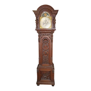 ​​19th Century Tiger Oak Figural Carved Tall Case Grandfather Clock W&h Movement For Sale