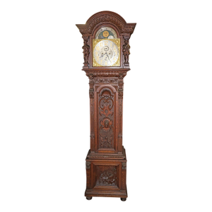 ​​19th Century Tiger Oak Figural Carved Tall Case Grandfather Clock W&h Movement