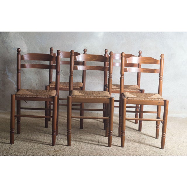 1970s Antique French Country Dining Chairs Rush Seats, 1960s, Set of 5 For Sale - Image 5 of 11