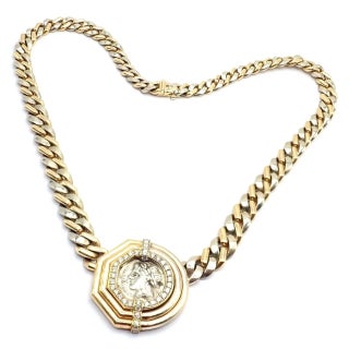 Bulgari Antique Coin Monete Diamond Yellow & White Gold Link Chain Necklace For Sale
