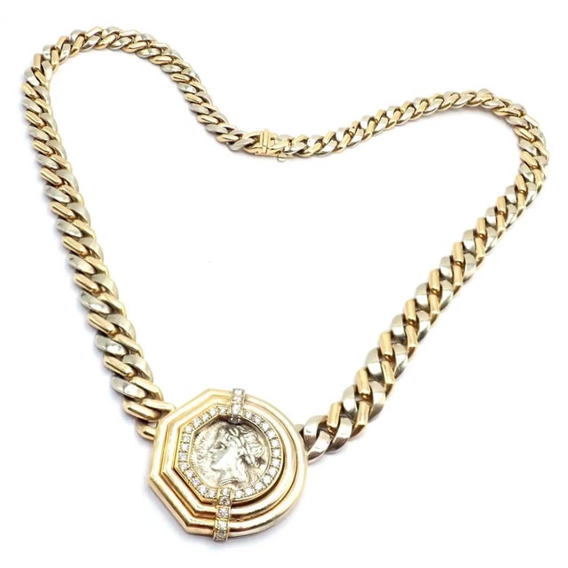 Bulgari Antique Coin Monete Diamond Yellow & White Gold Link Chain Necklace For Sale