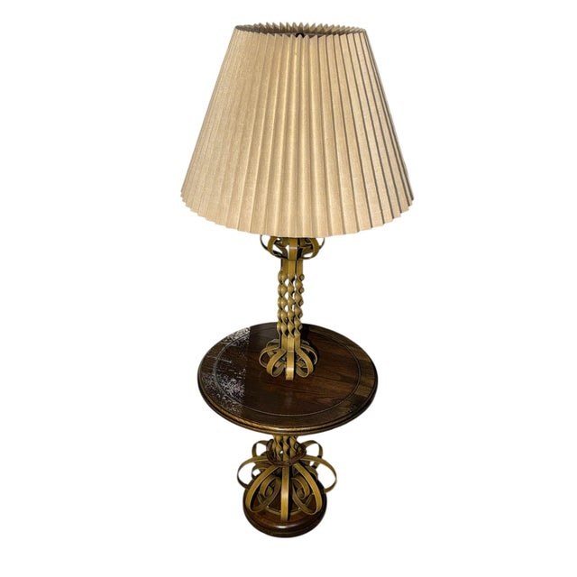 1950s Mid-Century Modern Florentine Style Wrought Iron Floor Lamp & Wood Side Table For Sale - Image 11 of 12