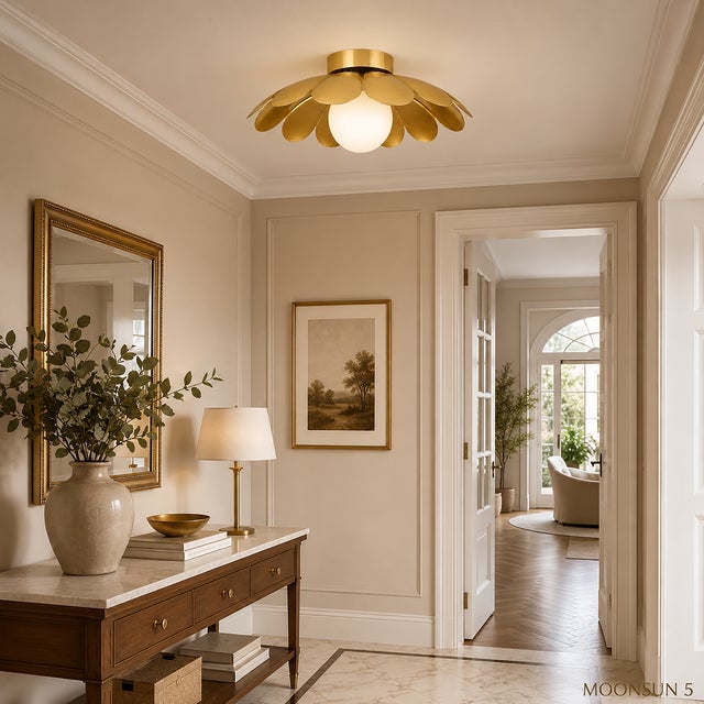 Mid-Century Modern Brass Polished Flower Ceiling Light, Mid Century Modern Flush Mount Light, Daisy Ceiling Lamp, Frosted Glass Globe Fixture For Sale - Image 3 of 10