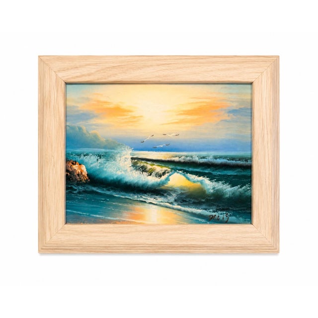 Contemporary Vintage Coastal Seascape Oil Paintings - Framed Ocean Sunrise & Seaside Art Signed by Davis - Set of 2 For Sale - Image 3 of 8