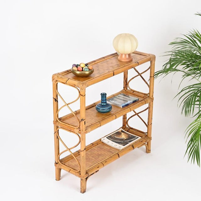 French Riviera Étagère or Console Table in Bamboo and Rattan, Italy, 1970s For Sale - Image 3 of 13