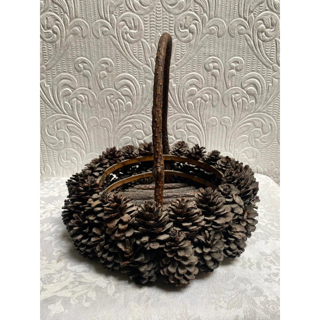 Wood Adirondack Arts and Crafts Hand Made Pine Cone Basket For Sale - Image 7 of 10