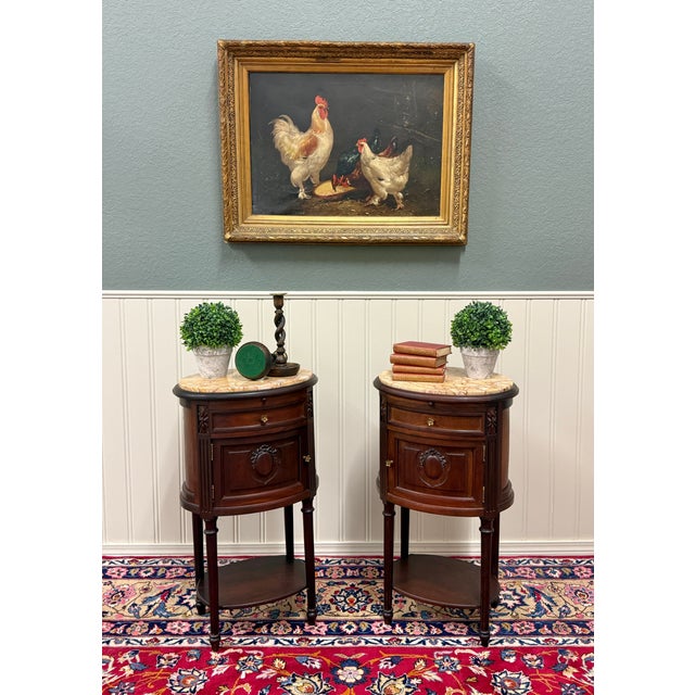 EXQUISITE Antique French Louis XVI Style Pair of Marble Top Walnut Nightstands, End Tables or Occasional Cabinets~~c.1930s...