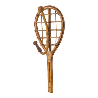 1960s French Rattan Tennis Racket Wall Hook For Sale