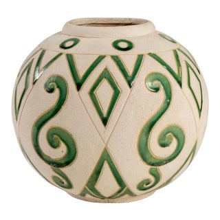 Mid Century Incised Art Pottery Vase With Green Glaze For Sale