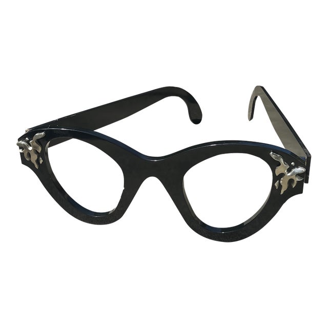 1970s Black Wooden Oversized Glasses Sculpture With Silver Accents For Sale